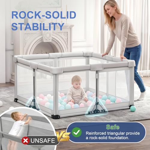 JJKAKA 50x50 Light Grey Foldable Baby Playpen, Portable Toddler Play Yard