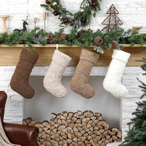 4 Pack Christmas Sherpa Stockings 20 Inch Faux Fur Fireplace Decor