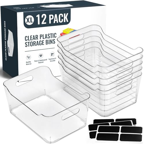 XL Large Clear Plastic Storage Bins - 12 Pack Pantry & Home Organization with Labels