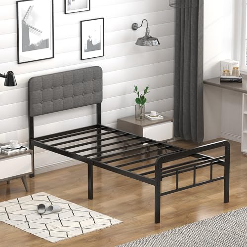 EMODA Twin XL Bed Frame with Upholstered Headboard & Metal Footboard, No Box Spring Needed, Easy Assembly