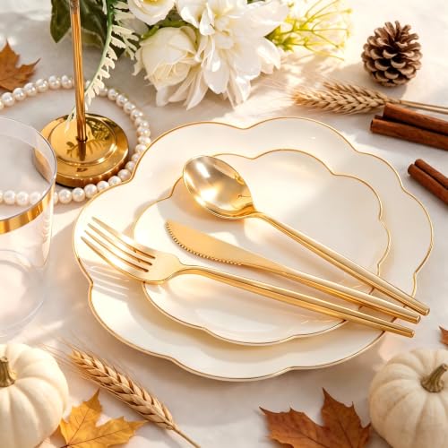 Elegant Gold Rim Ivory Plastic Plates Set for Wedding Gala - Beige & Gold Variation