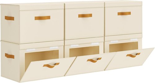 Homsorout Large Storage Bins with Lids - Front Opening Fabric Organizers | Collapsible Beige Baskets, 6 Pack