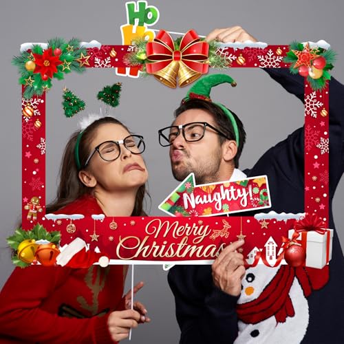 Christmas Photo Props Kit 25Pcs - Selfie Frame, Santa Beard & Gingerbread Party Props