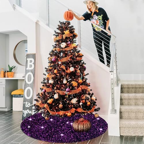 FUHSY Purple 48in Tree Skirt with Sparkly Sequin Velvet - Halloween Christmas