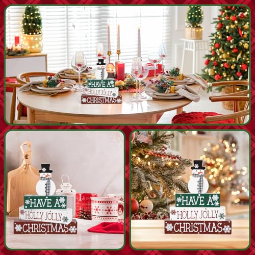 Red Large Christmas Snowman Wooden Table Sign Decor - Holiday Centerpiece, Farmhouse Winter Holiday Office Desk Tiered Tray Christmas Decorations