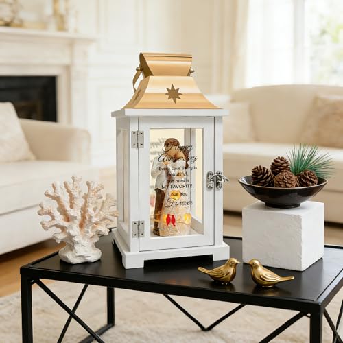 Anniversary Lantern Gift for Couples and Parents - Romantic LED Candle, 12.6x6.3 Inches, Rose Gold & Wood