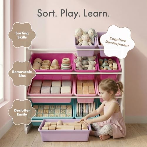 Kids Toy Organizer with 12 Bins - Tall White/Pink/Purple/Turquoise Storage Shelf