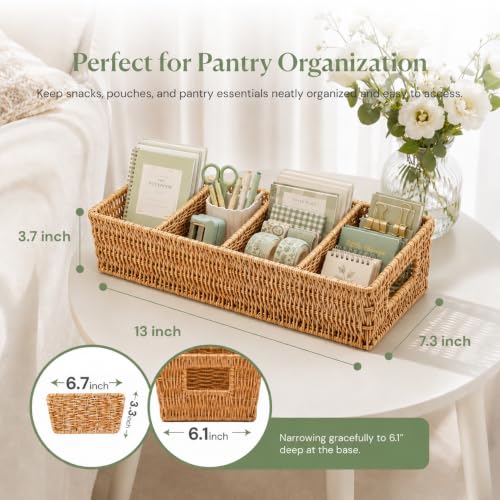 2-Pack Rattan Pantry Organizer Baskets with Removable Dividers - Kitchen & Home Storage