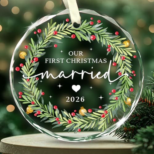 Our First Christmas Married 2026 Ornament – Glass Wreath Gift for Couples (With Navy Box)