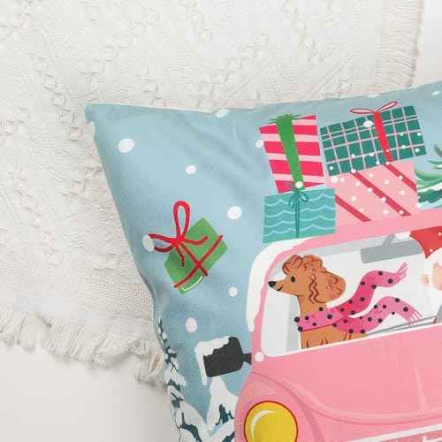 Bonhause Blue Pink Christmas Throw Pillow Covers 18 x 18 Inch Reindeer Snowman Xmas Trees Santa Snow Decorative Pillow Cases for Couch Bed Home Winter Holiday Decor Set of 4