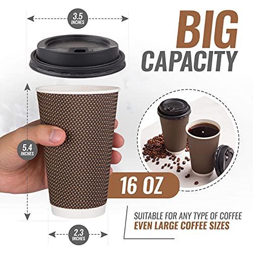 Brown Disposable Coffee Cups with Lids 16 oz - Ripple Insulated Paper Cups, 80 Pack