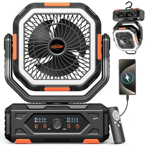 OGERY 30000mAh Portable Rechargeable Camping Fan with Remote & LED Lantern – Black & Orange