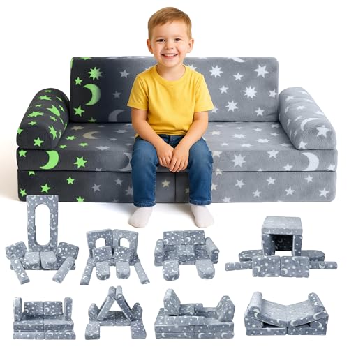 Kids Modular Play Couch Set with Glow in the Dark Stars - 10 Pieces for Imaginative Playroom & Bedroom