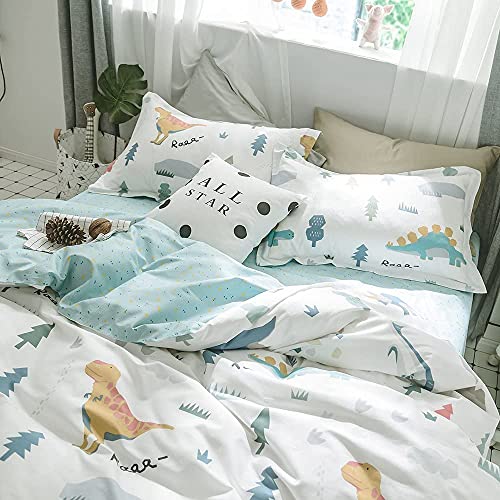 BuLuTu Dinosaur Kids Bedding Sets Twin Cotton,3 Pieces Premium Soft Reversible Dino Forest Print Teen Boys Girls Twin Duvet Cover Set Cotton with Zipper Closure and Ties,NO Comforter