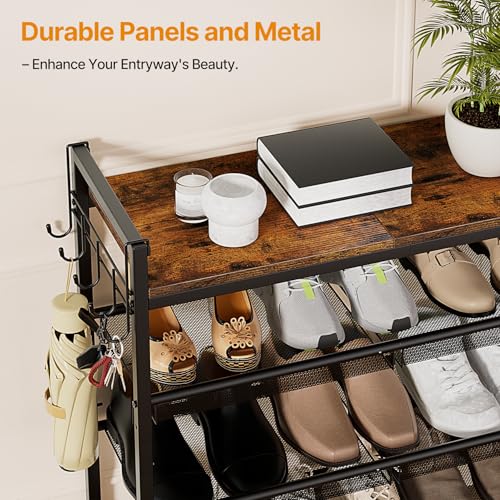 Neatevday Black 4-Tier Shoe Rack with Adjustable Mesh Shelves & Hooks