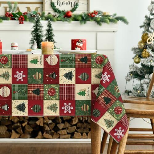 Horaldaily Christmas Tablecloth 60 x 120 Inch Rectangular Green Tree Snow - Red Variant
