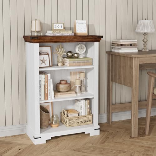 White 3-Tier Farmhouse Bookshelf for Study Room with Adjustable Shelf - Small Wooden Bookcase