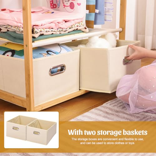 Natural Bamboo Kids Clothing Rack with 2 Storage Baskets & Adjustable Rods — Holds Up to 121 Lbs
