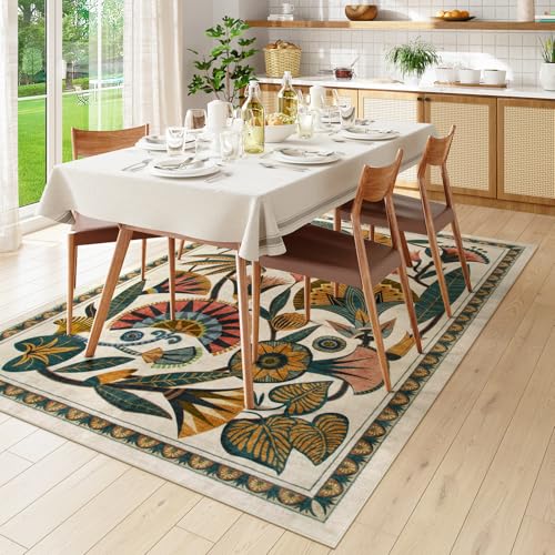 Egyptian Floral Washable Area Rug - Beige 5x7 Boho Vintage Non Slip Carpet