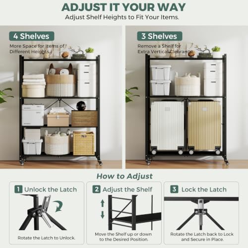 4-Tier Foldable Metal Storage Shelves with Wheels - Large Capacity Organizer, Black Plus
