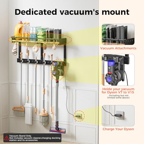 Broom Holder Wall Mount with Shelf - Extra Large 3-in-1 Organizer, Black, L