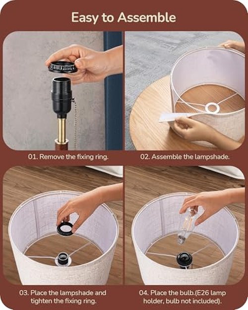 EDISHINE Mid Century Table Lamp, Bedside Lamp with Pull Chain Switch, Solid Wood & Metal Pole, Modern Nightstand Table Lamp for Living Room, Bedroom, Office, Frosted Bronze & Wood Finish