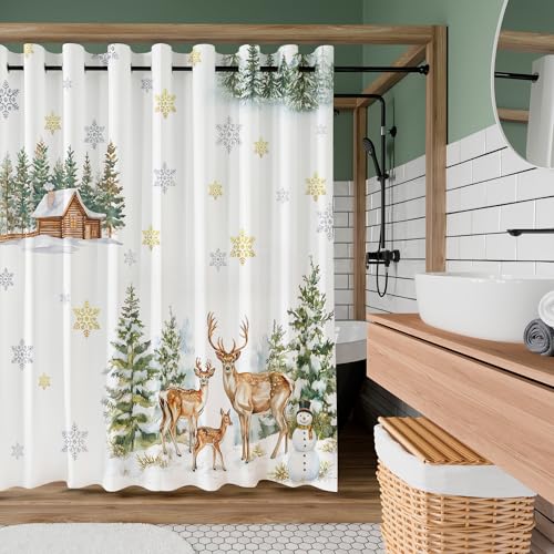 White Christmas Shower Curtain 71x71 Inch Winter Snowman Pine Deer Holiday Decor with Hooks