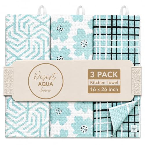 Desert Aqua 3-Piece Microfiber Kitchen Towel Set with Waffle Weave & Hanging Loops