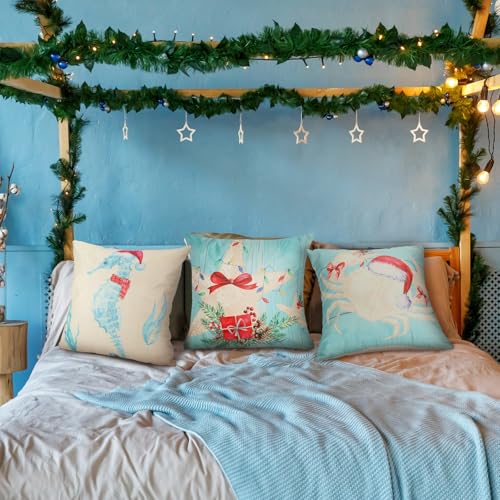 4 Pcs Christmas Sealife Coastal Pillow Covers Coastal Christmas Decoration Linen Throw Pillow Covers Sea Ocean Nautical Decorative Pillowcase for Couch Outdoor Sofa Living Room (20 Inch)