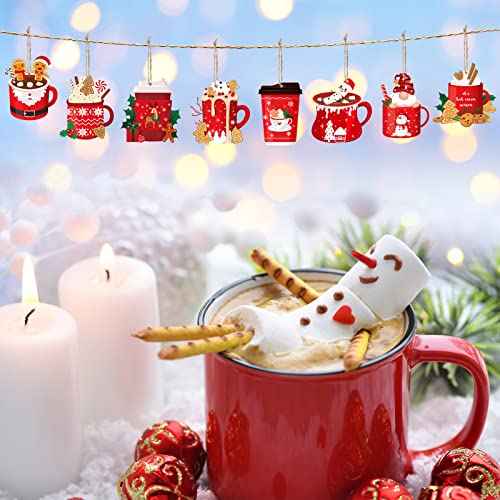 Christmas Tree Wooden Decorations Ornament Gift Wood Rustic Xmas Hanging Ornaments Holiday Appreciation Gifts Wreath Congrats for School(24 Pcs,Christmas Hot Cocoa)