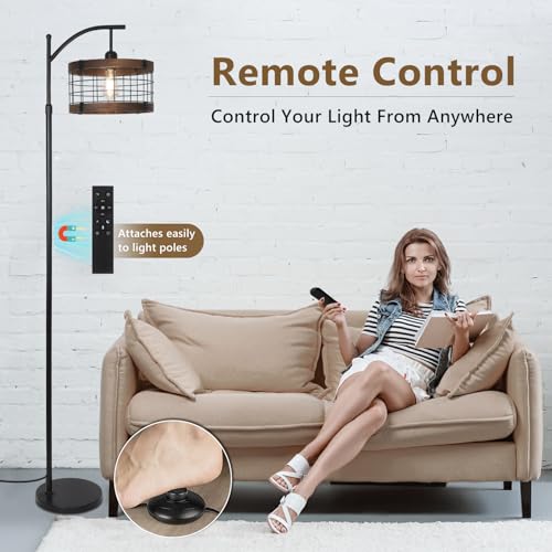 Arc Floor Lamp with Remote & Dimmable LED Bulb - Rustic Industrial Tall Lamp for Living Room & Bedroom