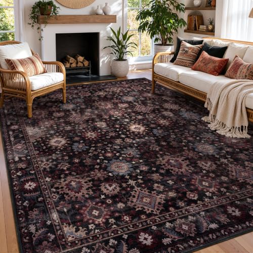 Dark Vintage Boho Area Rug 8x10 Rectangular Oushak Style with Non-Slip Dots