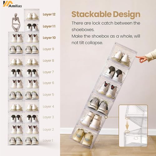 12 Pack Clear Shoe Storage, Stackable Organizer, Boxes for Closet