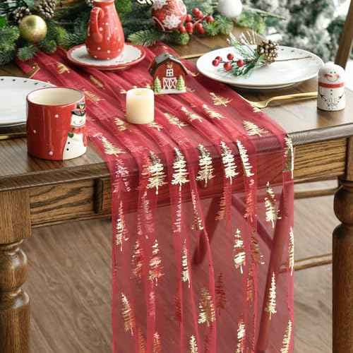 Artoid Mode Red Gold Christmas Tree Gauze Table Runner 120 Inch 10FT, Glitter Metallic Foil Seasonal Sheer Dining Holiday Table Decor for Home Party