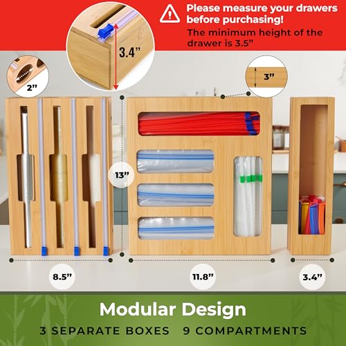 Woodenhouse Bamboo Kitchen Drawer Organizer with Foil & Plastic Wrap Dispenser, 9" - Includes Labels