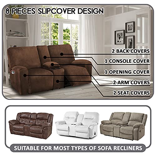 ULTICOR Velvet Reclining Love Seat Cover with Middle Console - Chocolate, 8-Piece Slipcover for 2 Seater Sofas