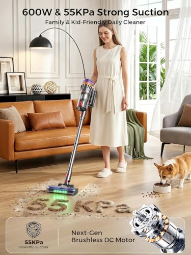 JIEANER Cordless Stick Vacuum Cleaner 600W, 55Kpa Suction, 70Min Runtime, Gray