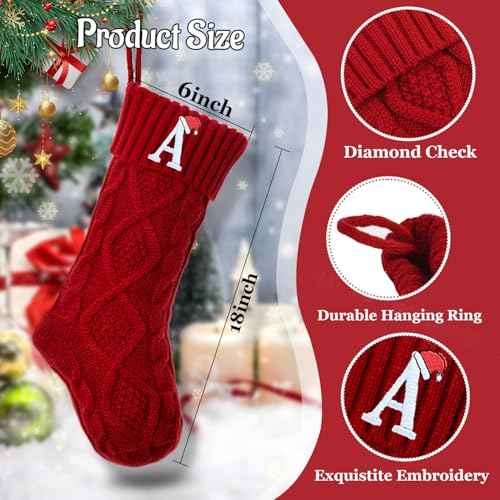 Ulico Christmas Stockings with Initials, 18¡¯¡¯ Large Embroidered Monogram Knit Christmas Stocking,Xmas Stocking for Kids, Holiday and Family Stocking for Fireplace or Party Decoration Red Letter A