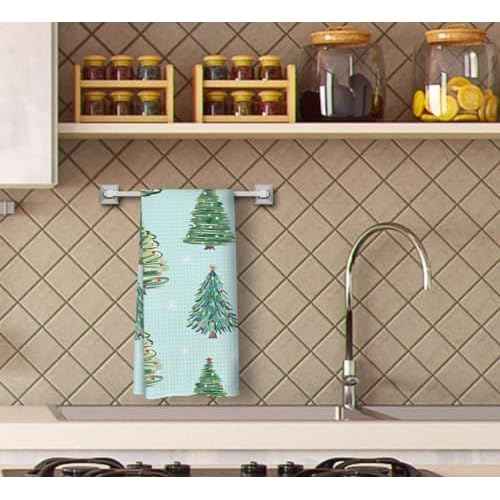 Christmas Kitchen Towels - Green Xmas Tree & White Snowflake Hand Towels for Bathroom & Kitchen, Merry Christmas