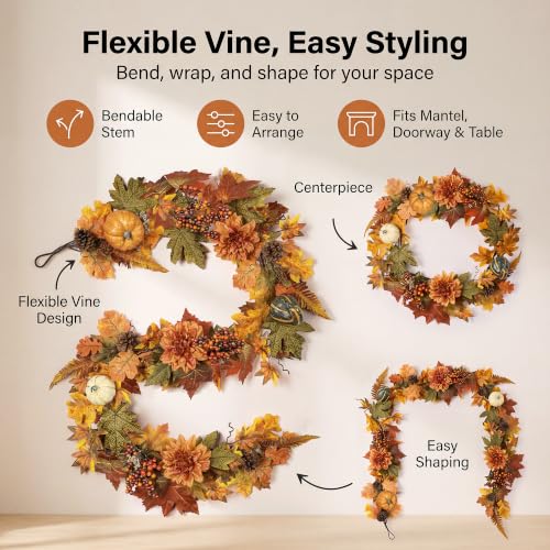 Fall Garland with Pumpkins, Berries & Pine Cones - Style 1, 6 Ft Autumn Decor