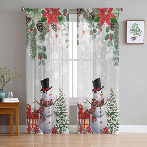 Christmas Snowman Grey 2-Piece Voile Curtains 104 x 96 in - Rod Pocket Semi-Sheer
