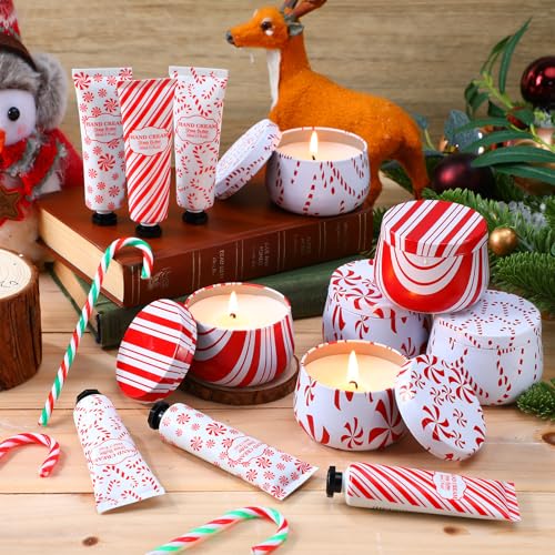 Dansib 24-Piece Christmas Candy Cane Scented Gift Set with Candles & Hand Cream - Holiday Bulk Pack