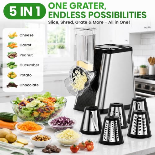 Electric Cheese Grater for Block Cheese & Vegetables - Silver - 5-in-1 Kitchen Tool