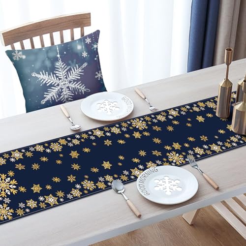 Winter Gold Snowflake Table Runner 13"x72" Dark Blue – Croar Gold Snowflake / Table Runner