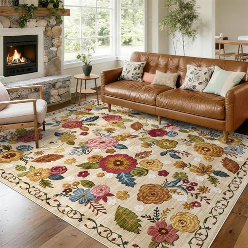 GERUIMO 8x10 Beige Boho Floral Area Rug Non-Slip for Living Room & Bedroom