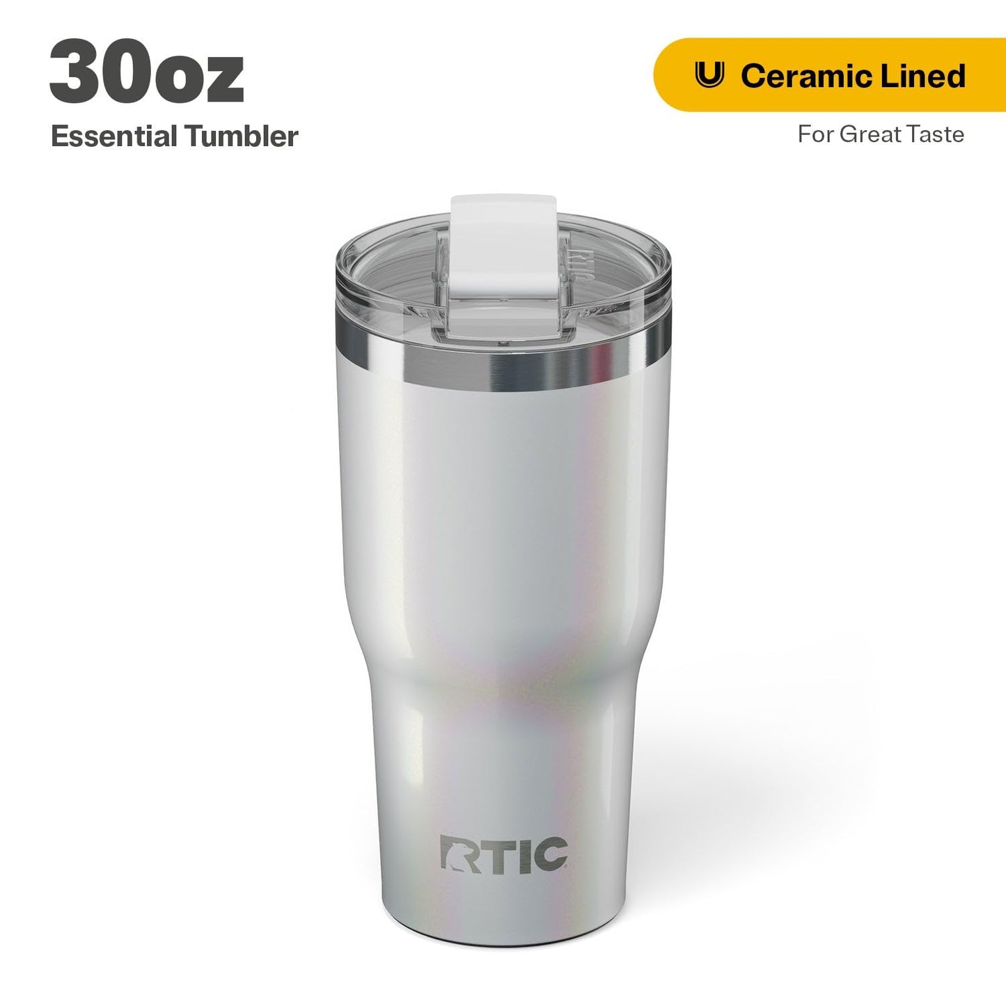 RTIC 30oz Essential Tumbler with Lid, Ceramic Lined, Insulated, Stainless Steel, Metal, Double Wall Vacuum-Insulation, Travel Cup for Iced Coffee, Tea, Hot and Cold Drink, Cool Grey Glitter