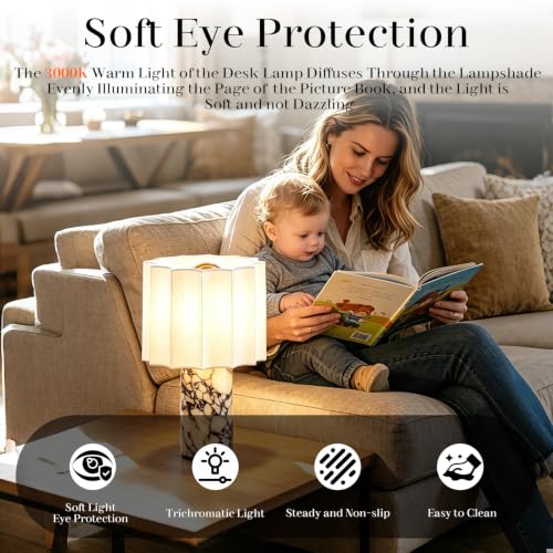 DGRGRHBV Rice White Marble Touch Table Lamp with Linen Shade - Cordless Rechargeable Night Light for Bedroom & Bedside