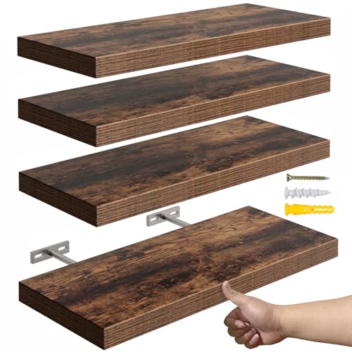 Rustic Brown Floating Shelves Wall Set of 4 - 16 Inch Wall Mounted Storage & Display