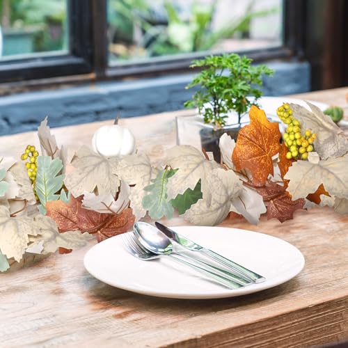 Fall Garland with Pumpkins and Berries ? 6ft Artificial Maple Leaf Garland with Cream and Orange Leaves for Thanksgiving, Fireplace, Front Door, Farmhouse Autumn Decorations