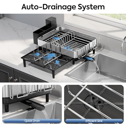 Urackify Expandable Dish Drying Rack - Large Capacity Stainless Steel, Silver with Black